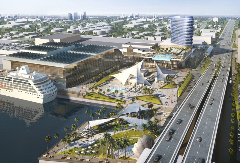 Aerial view of a waterfront terminal