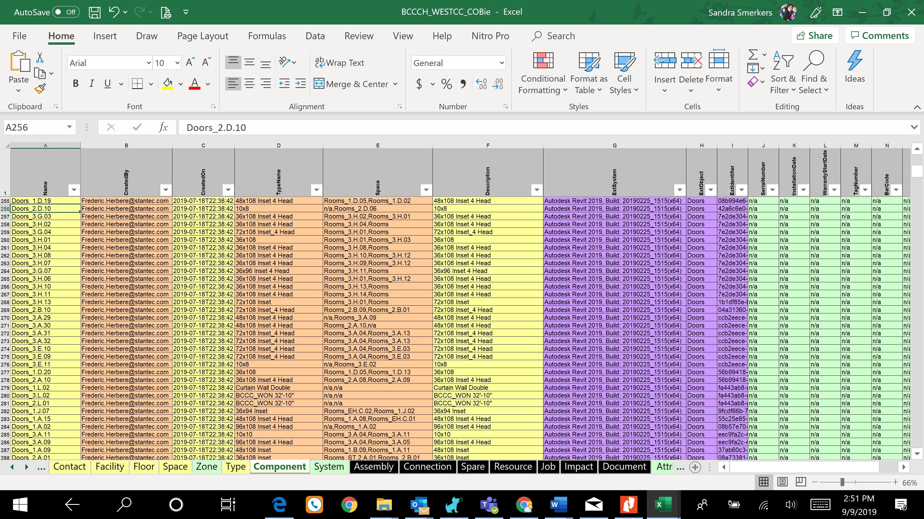 Spreadsheet of building component data